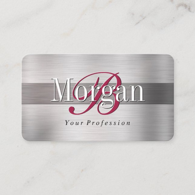 DIY Maroon Monogram Name, Lt & Dk Brushed Steel V4 Business Card (Front)