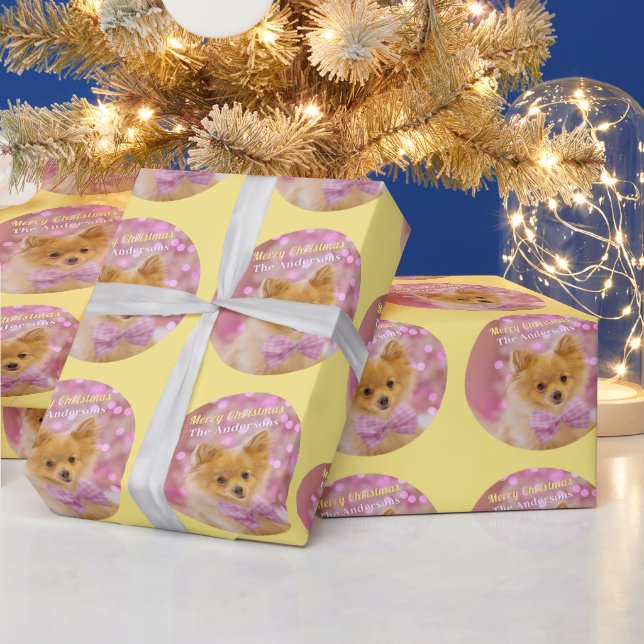 DIY Merry Christmas & Name, Cute Dog, Pale Yellow Wrapping Paper (Holidays)