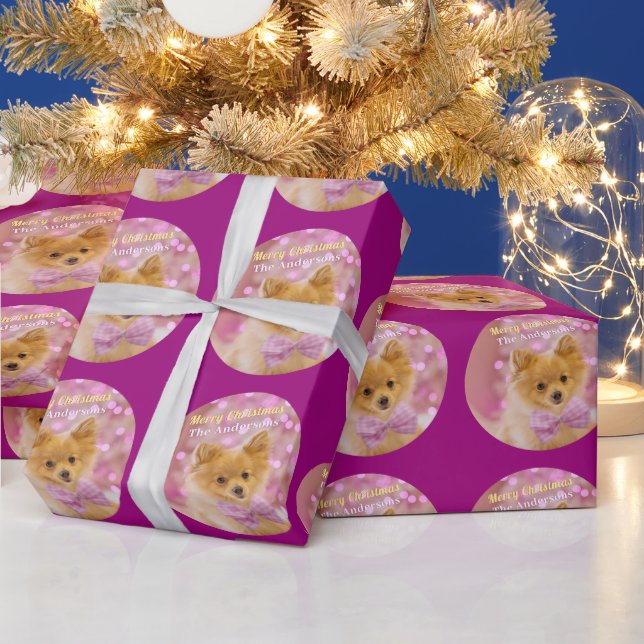 DIY Merry Christmas & Name, Cute Dog, Red Violet Wrapping Paper (Holidays)