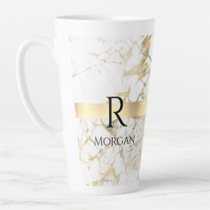  DIY Monogram Black Text, White & Gold Marble Latte Mug