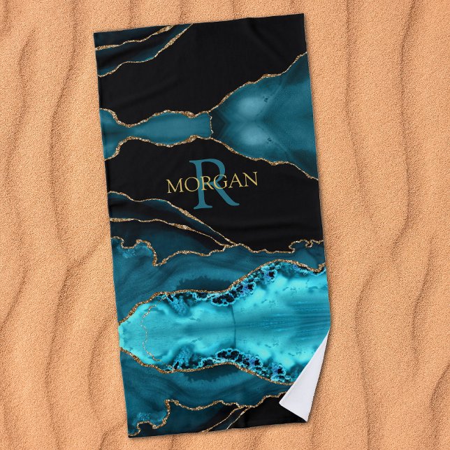 DIY Monogram & Gold Name, Black Gold & Teal Agate Beach Towel (Creator Uploaded)