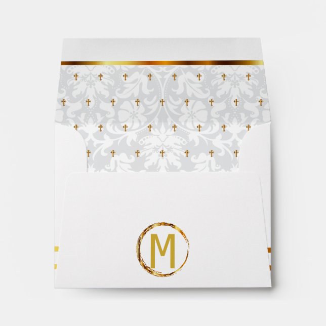 DIY Monogram Lined White Damask with Gold Crosses Envelopes (Back (Bottom))