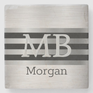 DIY Monogram/Name Bk/Silver Stripes Brushed Silver Stone Coaster