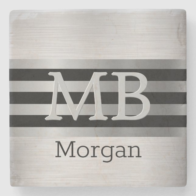 DIY Monogram/Name Bk/Silver Stripes Brushed Silver Stone Coaster (Front)