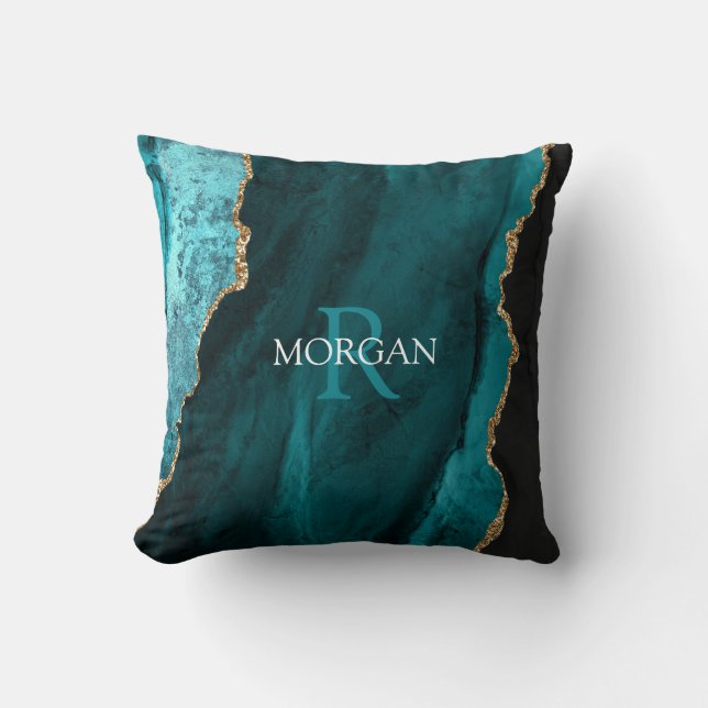 DIY Monogram & Name, Black Gold & Teal Agate Cushion (Front)