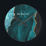 DIY Monogram & Name, Black Gold & Teal Agate Round Clock<br><div class="desc">Personalise with your Monogram and Name In White and Dark Teal text on black,  gold and teal agate. This simple Classic Design can also be used to promote your Company Name.</div>