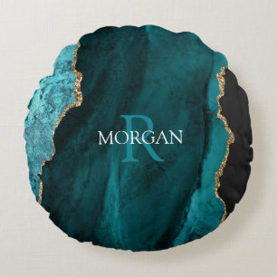 DIY Monogram & Name, Black Gold & Teal Agate Round Cushion