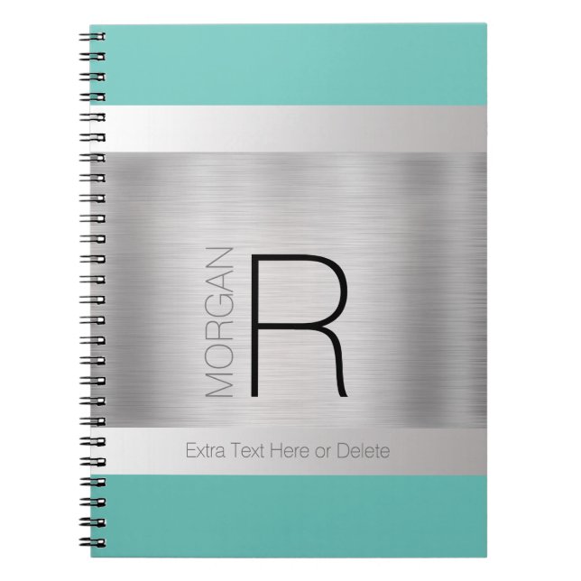 DIY Monogram Name Black Grey Teal, Brushed Silver Notebook (Front)