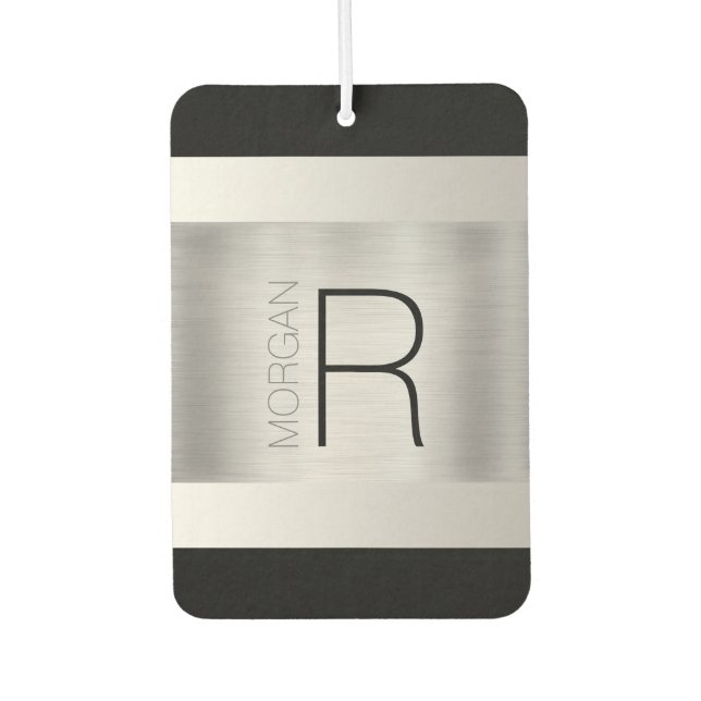 DIY Monogram Name, Black Grey Text, Brushed Silver Car Air Freshener (Front)