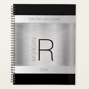 DIY Monogram Name, Black Grey Text, Brushed Silver Planner