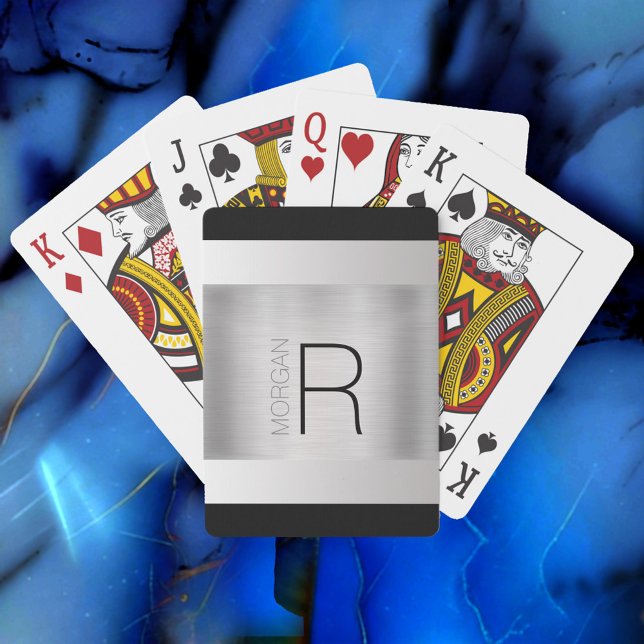 DIY Monogram Name, Black Grey Text, Brushed Silver Playing Cards (Creator Uploaded)