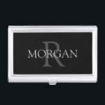 DIY Monogram & Name, Classic Black with Grey Text Business Card Holder<br><div class="desc">Personalise with your Monogram and Name In Grey Text. This simple Classic Design is sure to get attention</div>