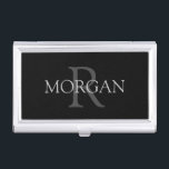 DIY Monogram & Name, Classic Black with Grey Text Business Card Holder<br><div class="desc">Personalise with your Monogram and Name In Grey Text. This simple Classic Design is sure to get attention</div>