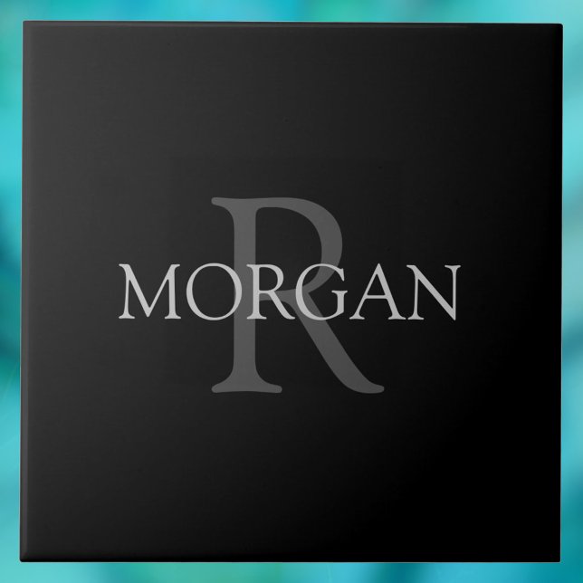 DIY Monogram & Name, Classic Black with Grey Text Ceramic Tile (Creator Uploaded)