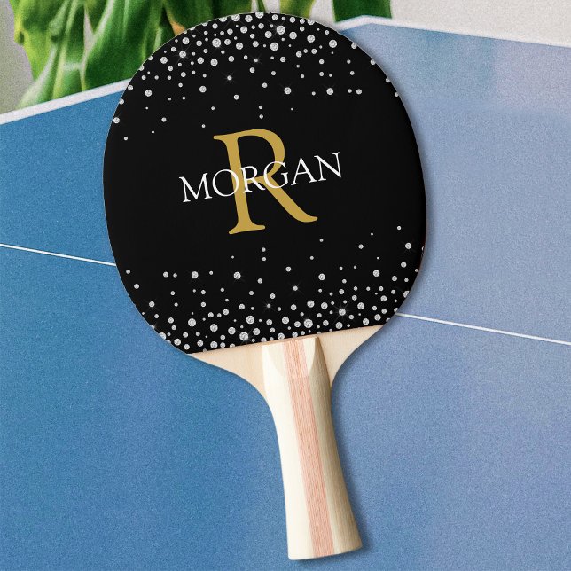 DIY Monogram & Name Gold & White, Diamonds, Black Ping Pong Paddle (Creator Uploaded)