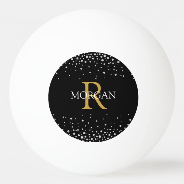 DIY Monogram & Name Gold/White, Diamonds on Black Ping Pong Ball (Front)