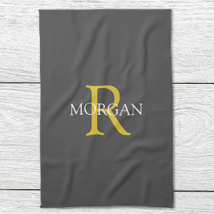 DIY Monogram & Name, Gold/White Text, Dark Grey Tea Towel