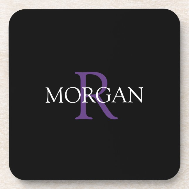 DIY Monogram & Name, Purple & White Text, Black Coaster (Front)
