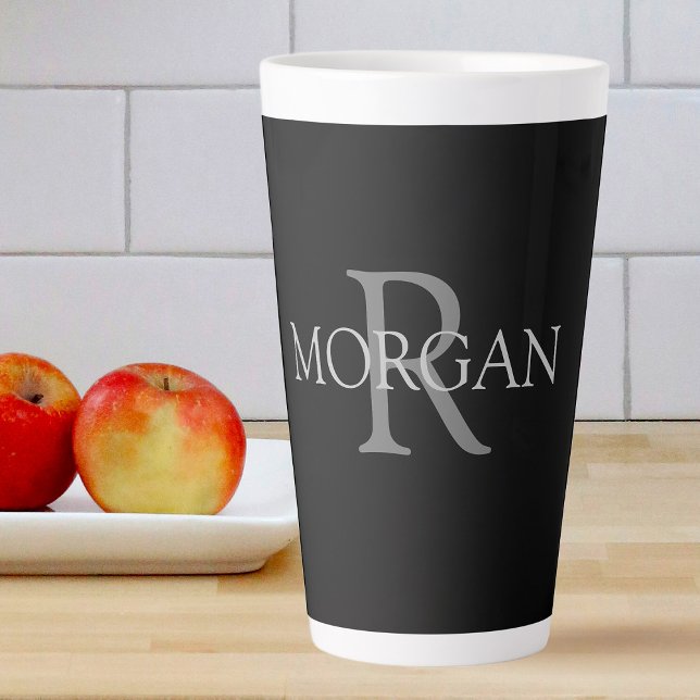 DIY Monogram & Name, Simple Grey Text on Black Latte Mug (Creator Uploaded)