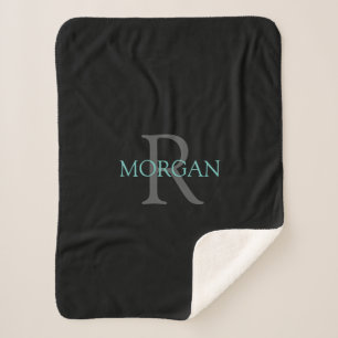 DIY Monogram Name Teal & Dark Grey Text, Black Sherpa Blanket
