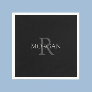 DIY Monogram & Name, Trendy Black with Grey Text Napkin