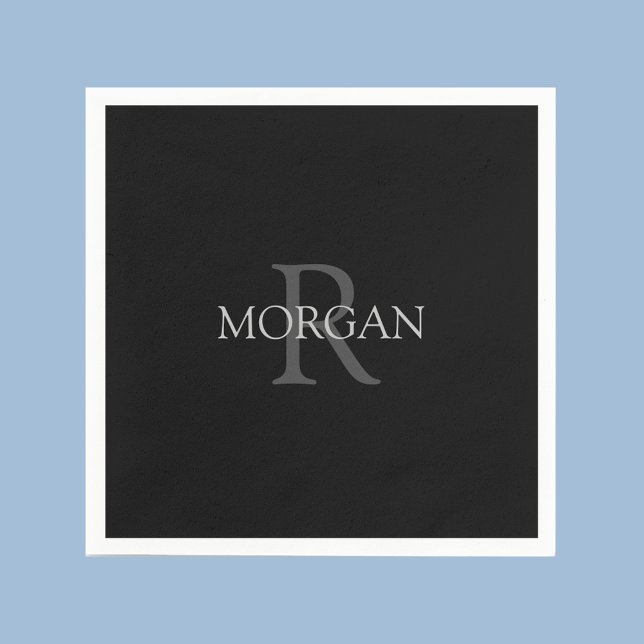 DIY Monogram & Name, Trendy Black with Grey Text Napkin (Creator Uploaded)