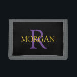 DIY Monogram & Name, Trendy Gold & Purple Text Trifold Wallet<br><div class="desc">Personalise with your Monogram and Name In Purple and Gold Text on black background. Click “Customise” to change colours and type styles.</div>