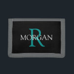 DIY Monogram & Name, Trendy Teal & White Text Trifold Wallet<br><div class="desc">Personalise with your Monogram and Name In Teal and White Text on black background. Click “Customise” to change colours and type styles.</div>