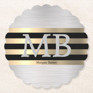 DIY Monogram & Name, Yel Gold Brushed Steel Black Paper Coaster
