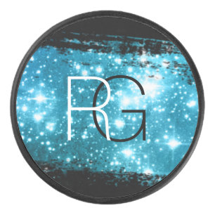 DIY Monogram White & Black, Stardust Brush Stroke Hockey Puck