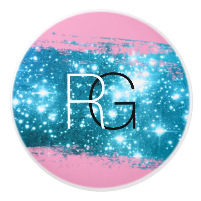 DIY Monogram White Blk, Stardust Brush Stroke Pink Ceramic Knob (Front)