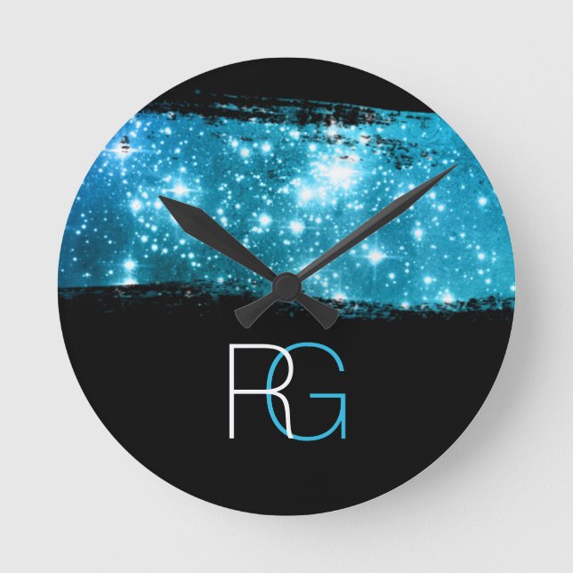 DIY Monogram White & Blue, Stardust Brush Stroke Round Clock (Front)