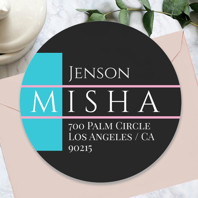 DIY Name & Address / Bright Blue, Black and Pink Classic Round Sticker (Creator Uploaded)
