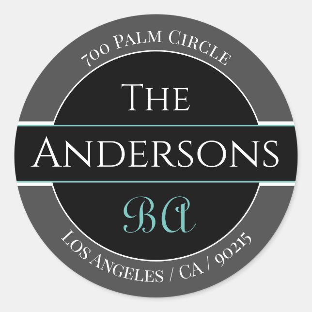 DIY Name Address Monogram, Black Grey Teal Classic Round Sticker (Front)