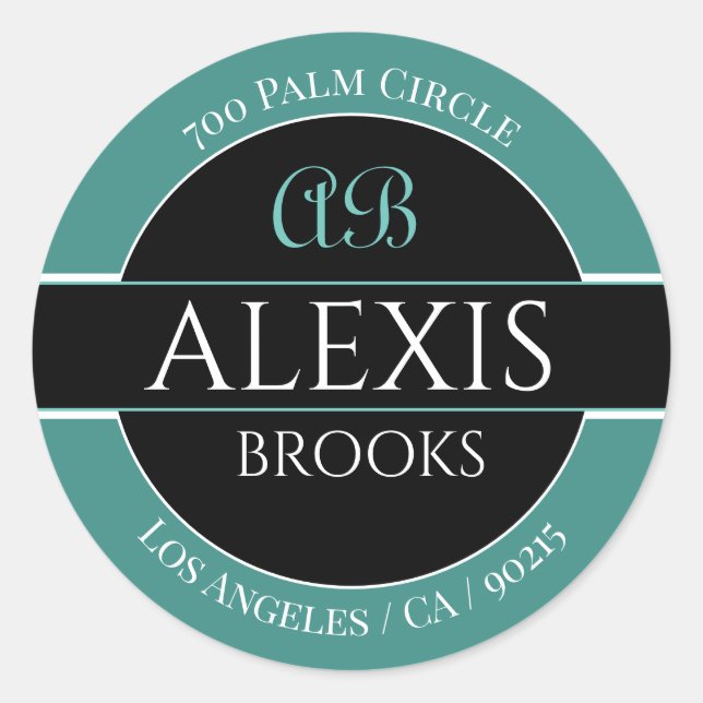 DIY Name Address Monogram, Deep Teal Black & White Classic Round Sticker (Front)
