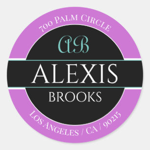DIY Name Address Monogram, Lavender Black & White Classic Round Sticker