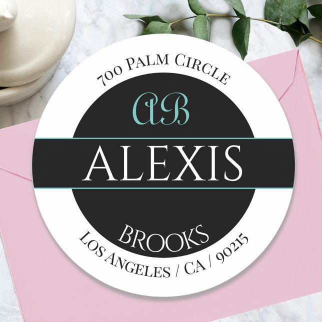 DIY Name Address Monogram, White Black & Teal Classic Round Sticker (Creator Uploaded)