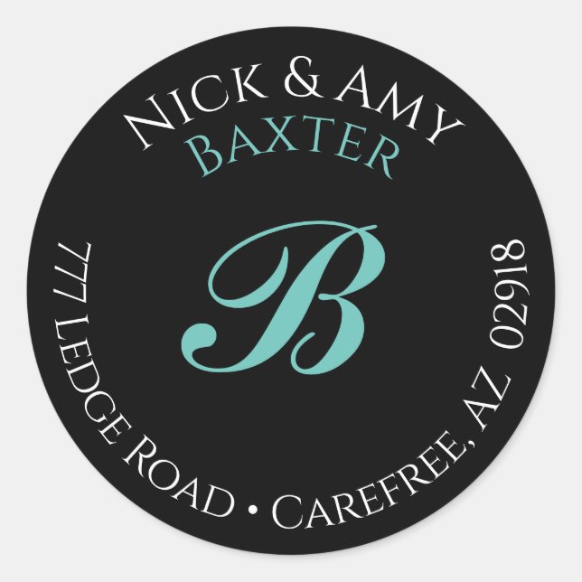 DIY Name And Teal Script Monogram, Black Classic Round Sticker (Front)