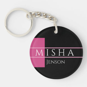 DIY Name, Black Background, Fuchsia Pink White Key Ring