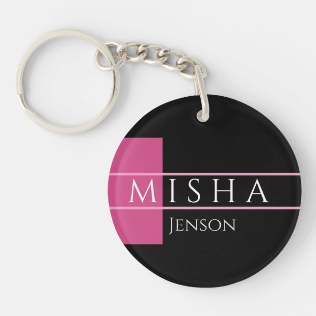 DIY Name, Black Background, Fuchsia Pink White Key Ring (Front)