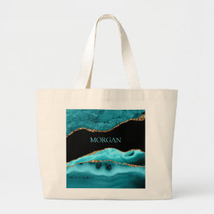 DIY Name, Black, Gold & Teal Agate Large Tote Bag