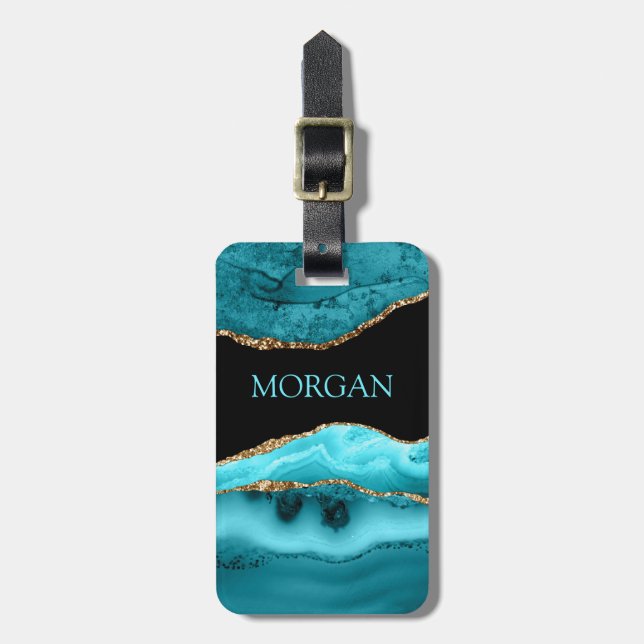 DIY Name, Black, Gold & Teal Agate Luggage Tag (Front Vertical)