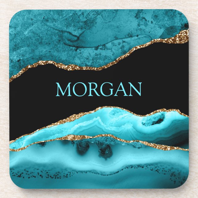 DIY Name, Black, Gold & Teal Agate Square Coaster (Front)