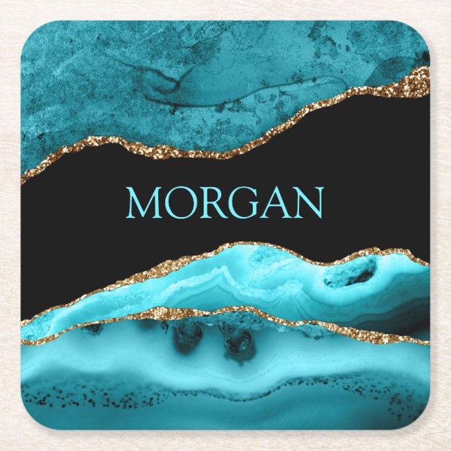DIY Name, Black, Gold & Teal Agate Square Paper Coaster (Front)