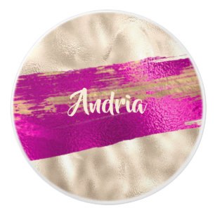 DIY Name Brush Text Fuchsia Platinum Faux Metallic Ceramic Knob