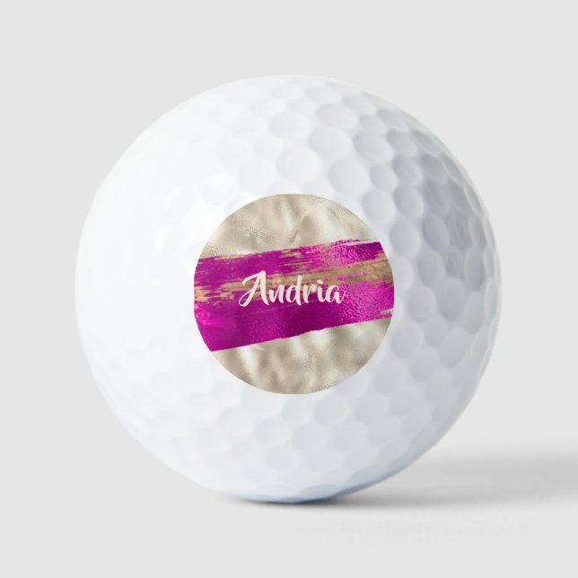 DIY Name Brush Text Fuchsia Platinum Faux Metallic Golf Balls (Front)