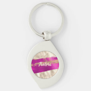 DIY Name Brush Text Fuchsia Platinum Faux Metallic Key Ring