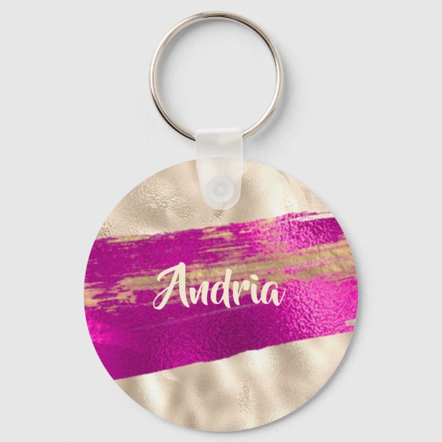 DIY Name Brush Text Fuchsia Platinum Faux Metallic Key Ring (Front)