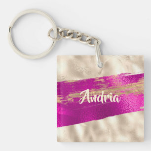 DIY Name Brush Text Fuchsia Platinum Faux Metallic Key Ring
