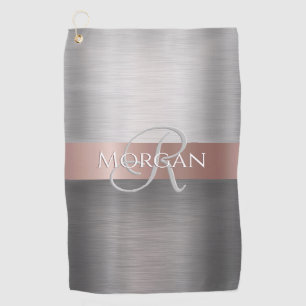 DIY Name & Initial Brushed Silver Rose Gold Stripe Golf Towel